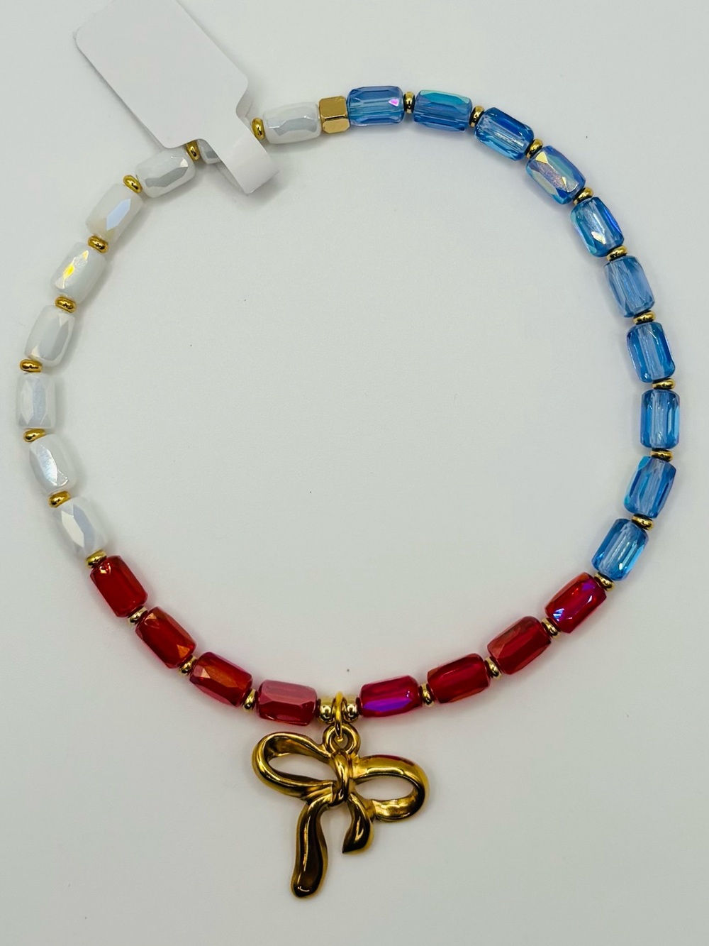 *ANKLET* S.Steel Gold Bow & AB Red White Blue Glass Stretchy Anklet - Picture 3 of 6